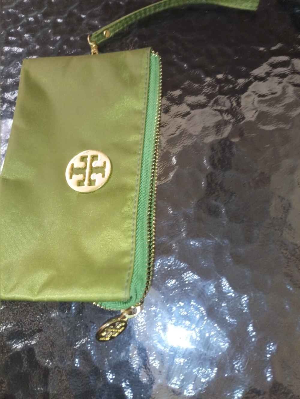 Tory Burch Olive Green Nylon Wristlet with Gold Emblem